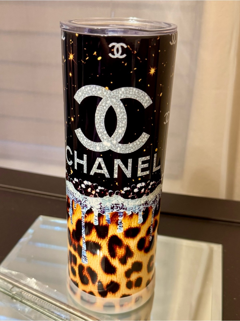 New Black & Leopard Insulated Travel Tumbler with Clear Lid